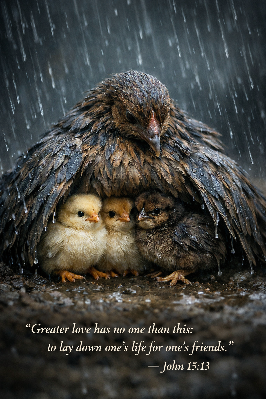 John 15:13 vertical wallpaper bird protecting chicks from rain storm outstretched wings sacrificial love maternal protection